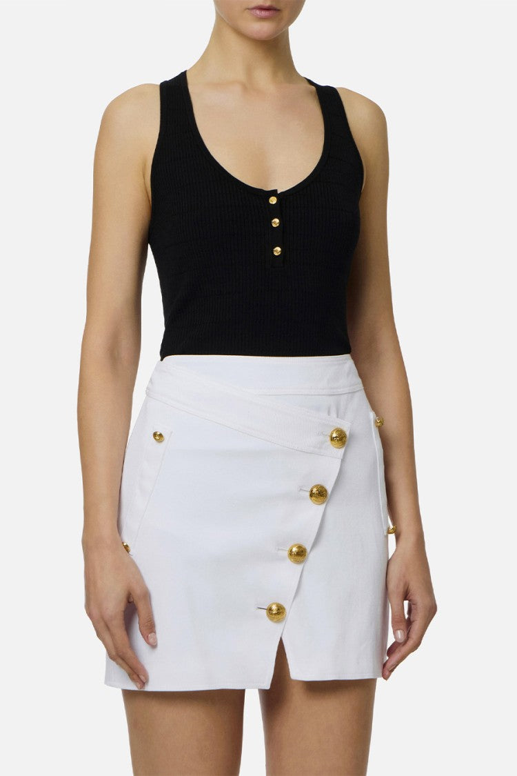 Elisabetta Franchi Black Ribbed Racerback Partial Button Placket Lyocell-Silk Tank Top