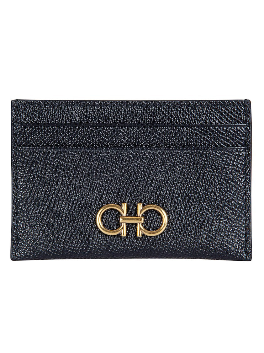 Ferragamo Textured Calf Leather Wallet With Antique Gold Gancini Ornament