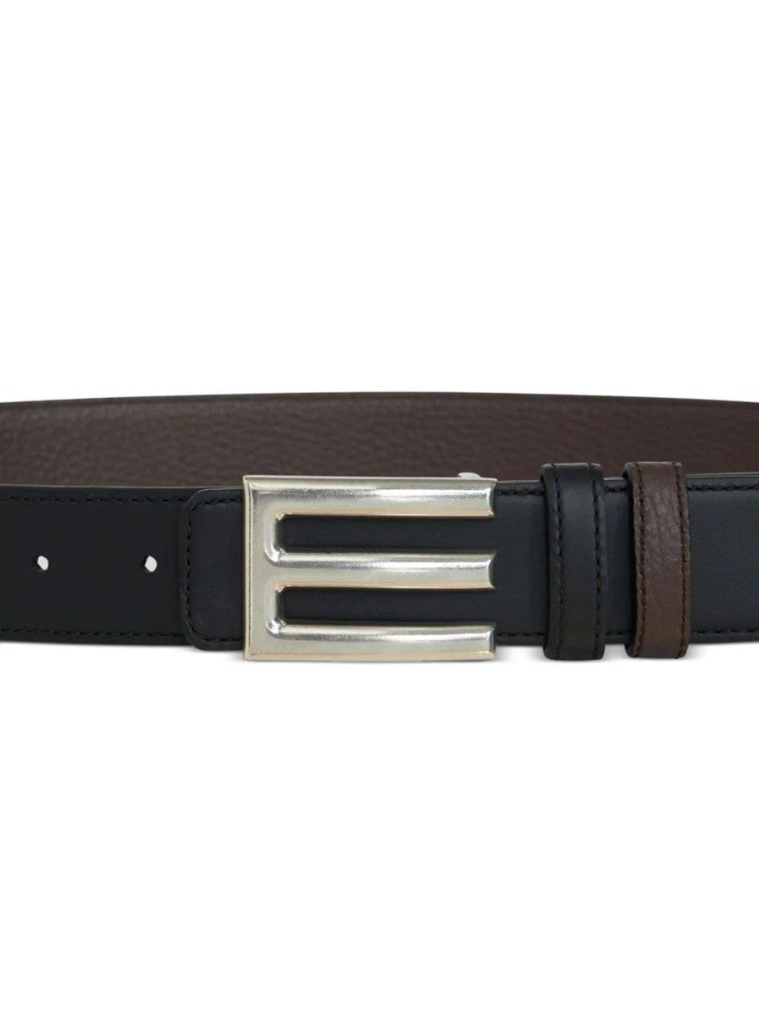 Etro Dual-Tone Leather Belt With Polished Silver Buckle