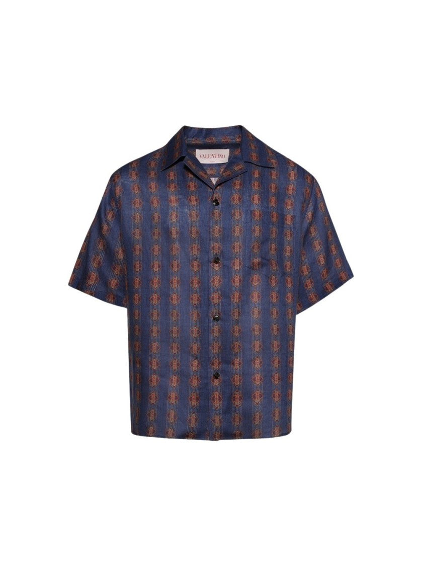 Valentino Linen Bowling Shirt With Voyage Imaginaire Print Blue