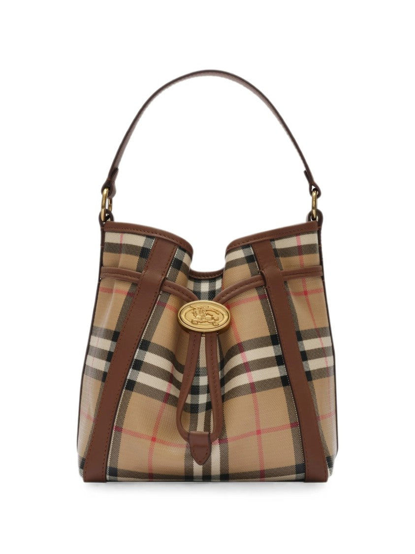 Burberry Mini Bucket Bag With Classic Check Pattern And Gold Emblem