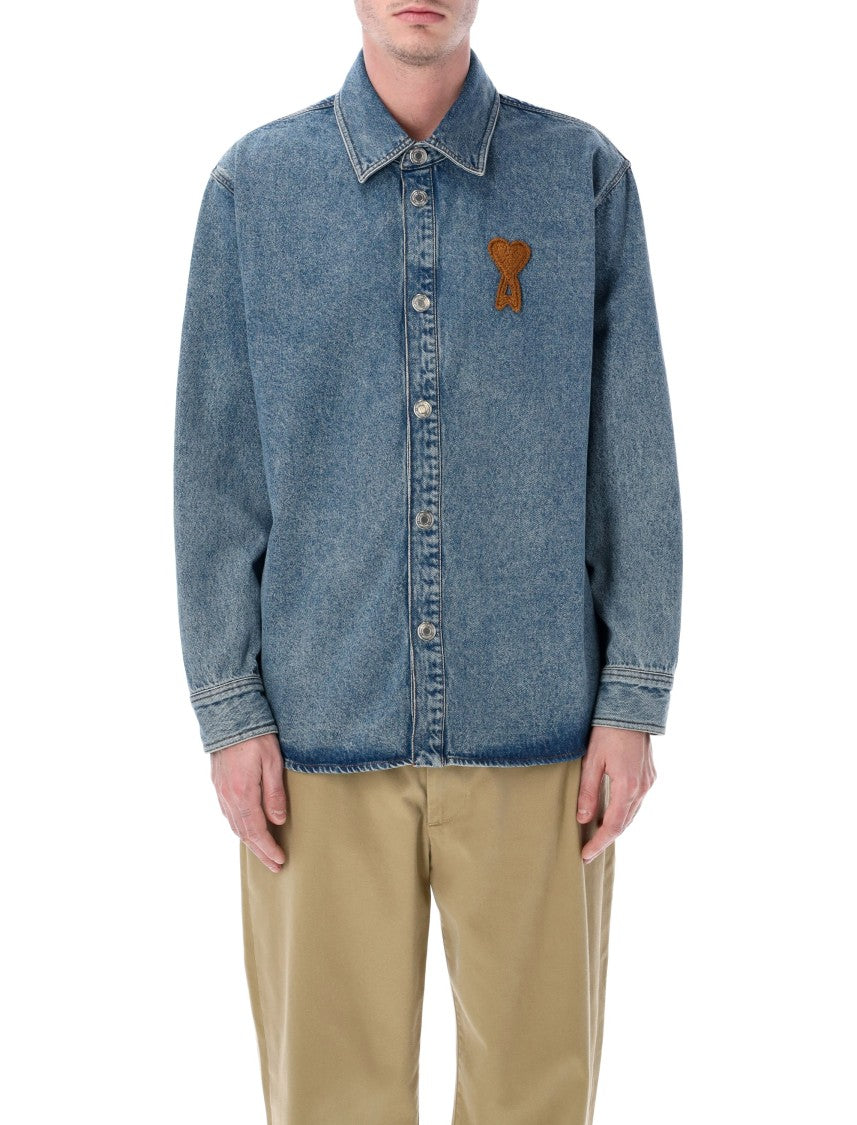 Ami Paris Indigo Cotton Denim Shirt Jacket With Hand-Crocheted Patch