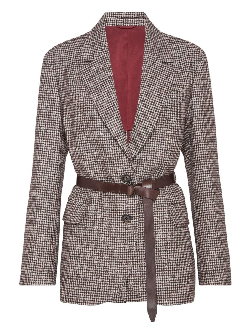Brunello Cucinelli Tailored Houndstooth Jacket With Slim Leather Belt