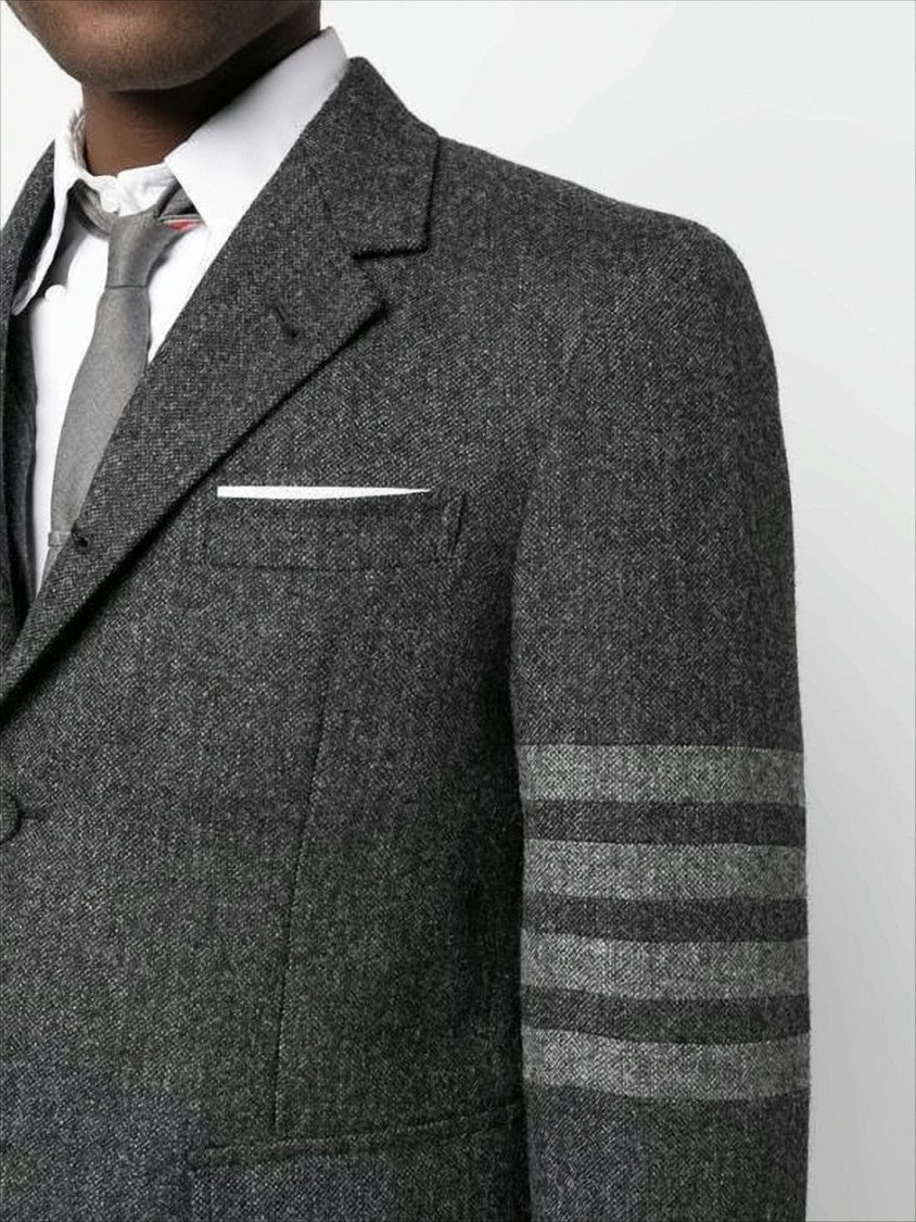 Thom Browne Tailored Grey Suit Jacket With Notch Lapel And Signature Stripes