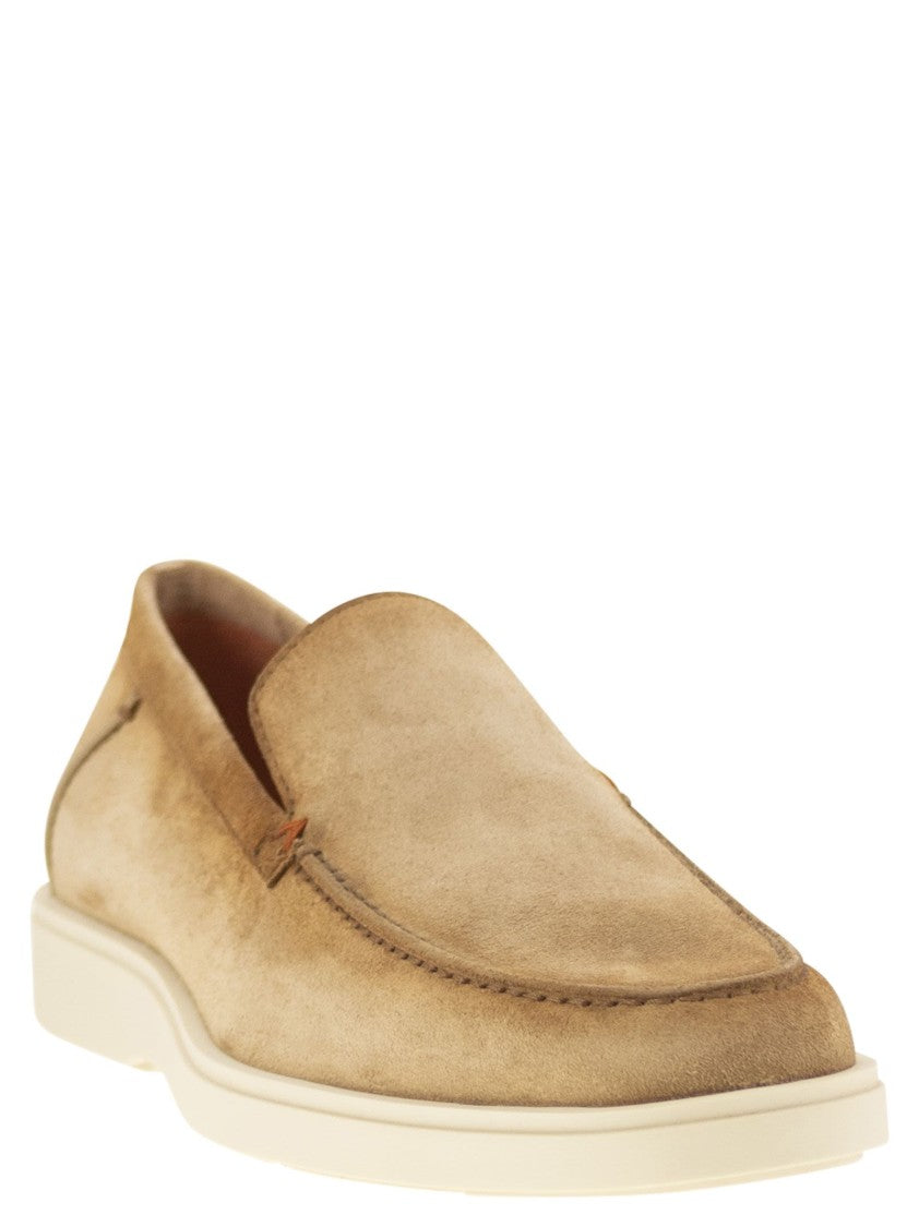 Santoni Suede Moccasin With Orange Thread Detailing