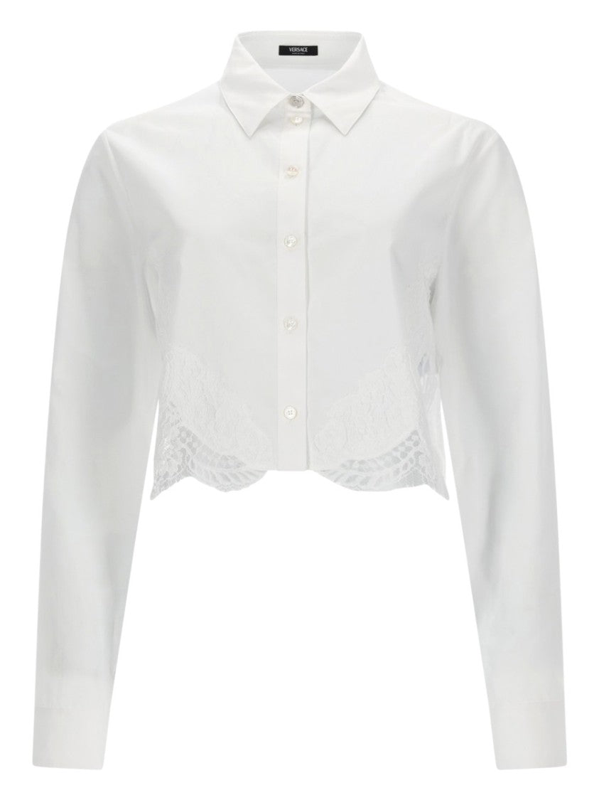 Versace White Lace Inserts Cropped Cotton Shirt