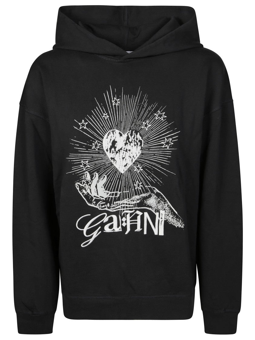 Ganni Relaxed Fit Black Hoodie With Graphic Print