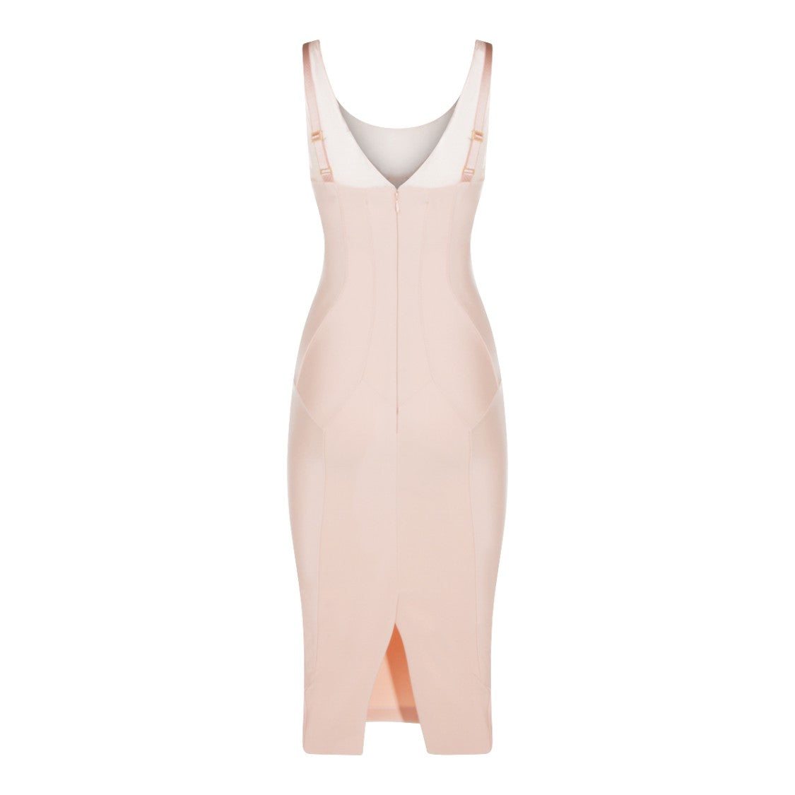 Elisabetta Franchi Nude Midi Dress With Transparent Mesh Panels And Buckle Details