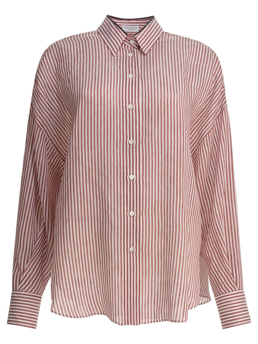 Brunello Cucinelli Bordeaux Stripe Linen-Cotton Blend Shirt