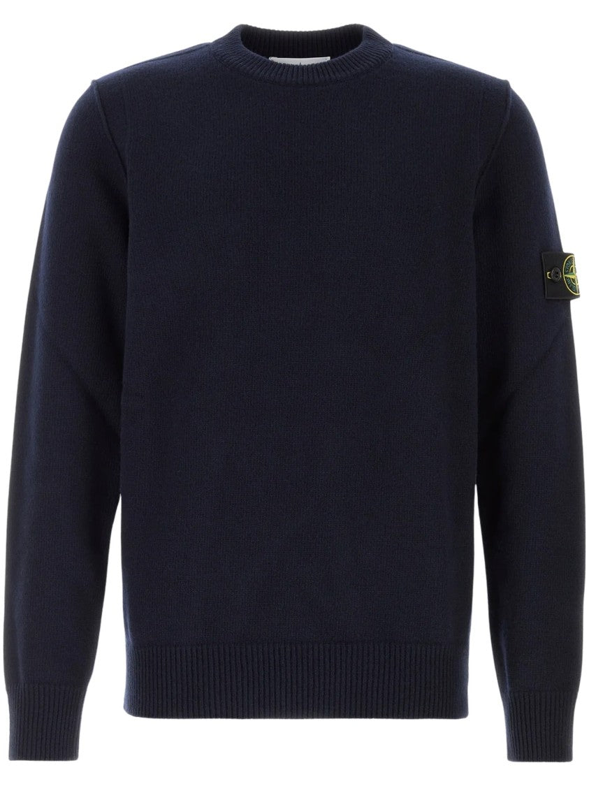 Stone Island Crew Neck Sweater In Deep Navy With Distinctive Logo