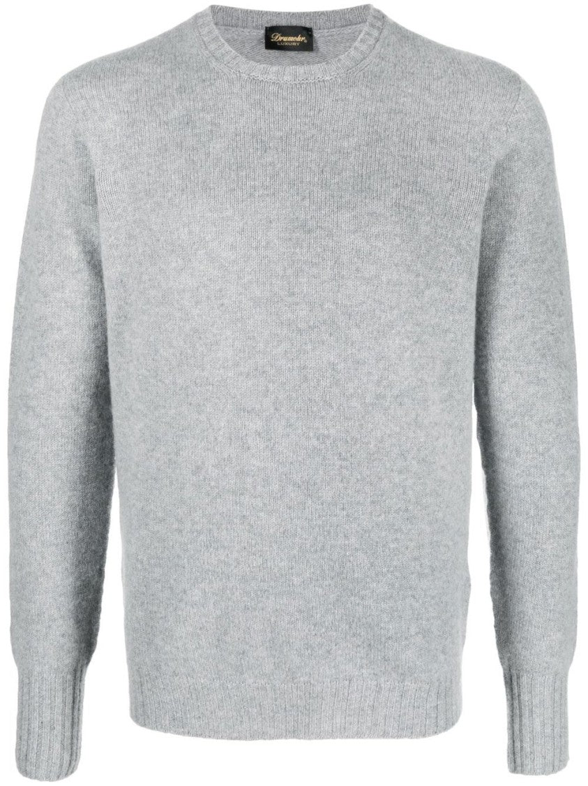 Drumohr Light Grey Ribbed Hem Crew Neck Wool Sweater