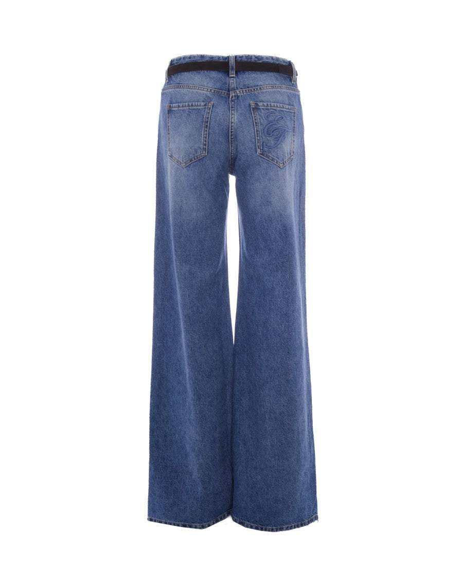 Elisabetta Franchi Wide-Leg Denim Palazzo Jeans With Suede Belt And Gold Accents