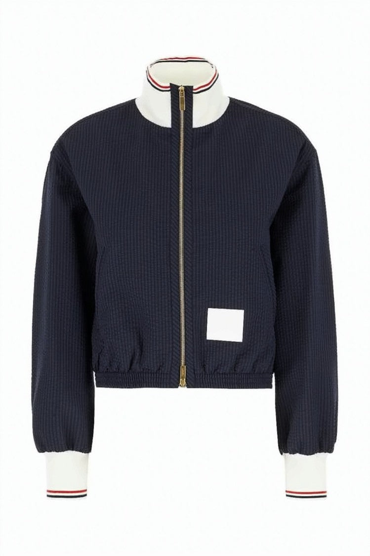 Thom Browne Cropped Navy Jacket With Textured Wool
