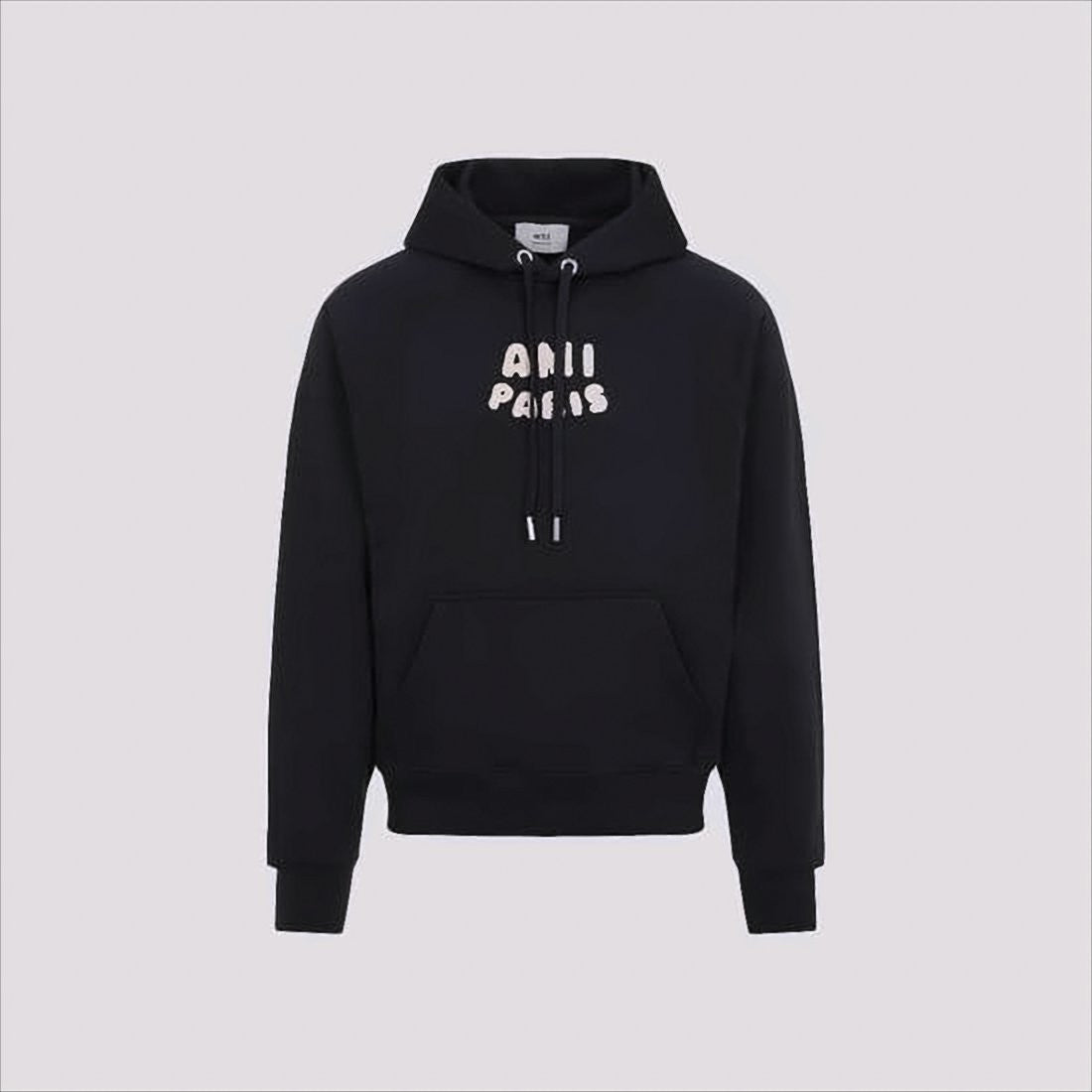 Ami Paris Textured Logo Black Hoodie With Drawstring