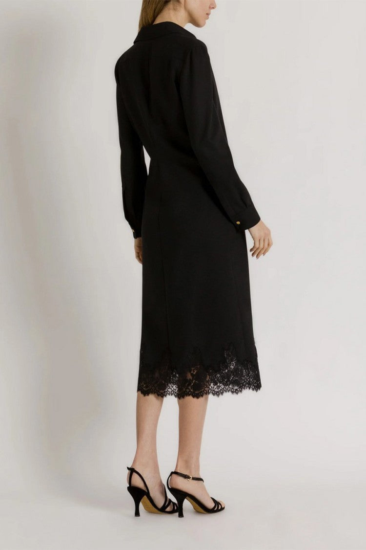 Alberta Ferretti Black Wrap-Front Scalloped Lace Hem Polyester-Wool Day Dress