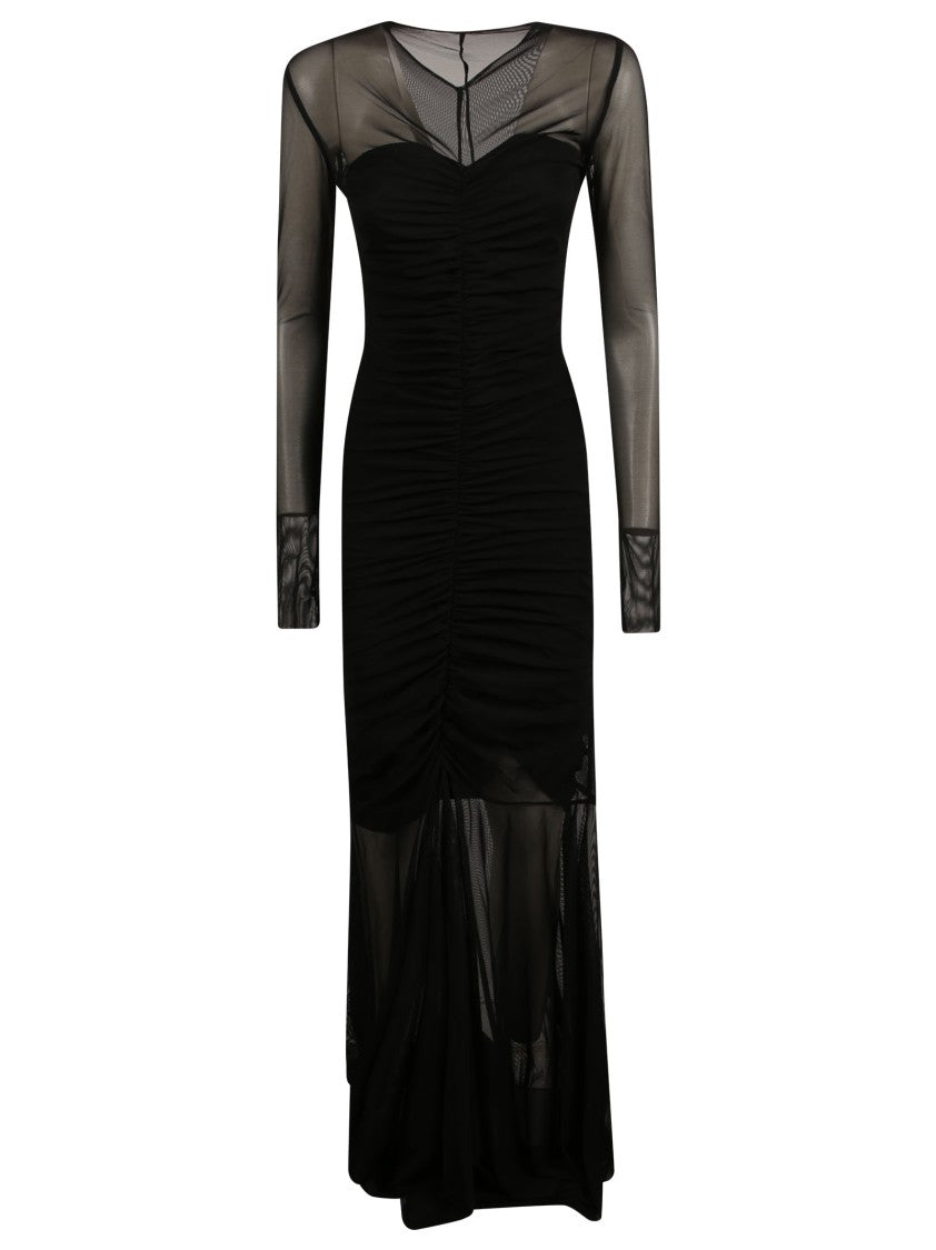 Norma Kamali V-Neck Shirred Fishtail Long Evening Dress