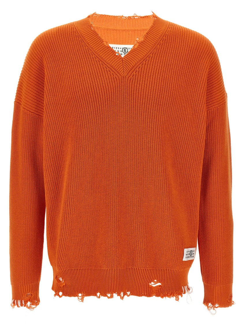 Mm6 By Maison Margiela Relaxed-Fit Distressed Cotton Knit Sweater