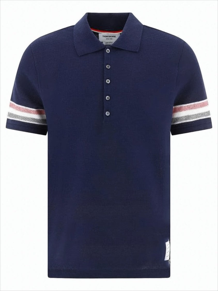 Thom Browne Textured Blue Knit Polo Shirt With Contrast Stripes