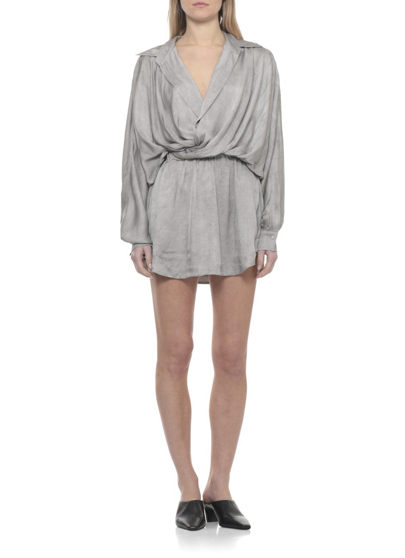 The Andamane Draped Grey Viscose Mini Dress With V-Neck And Buttoned Sleeves