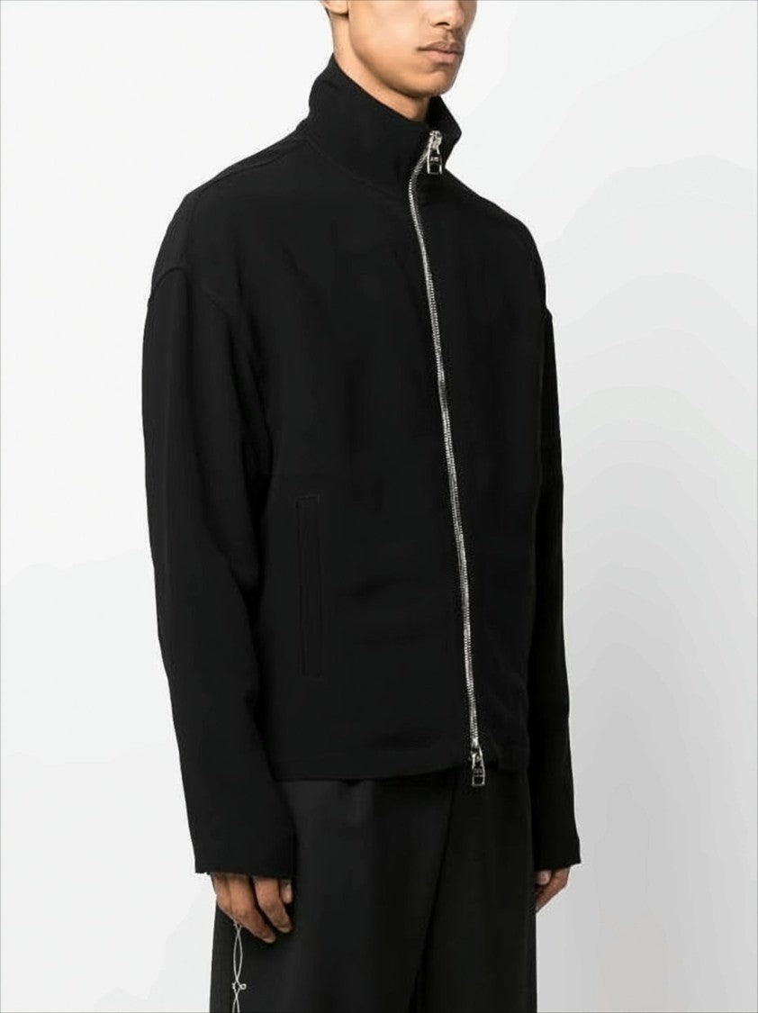 Alexander Mcqueen Sleek Black High Collar Jacket With Silver Zipper Closure