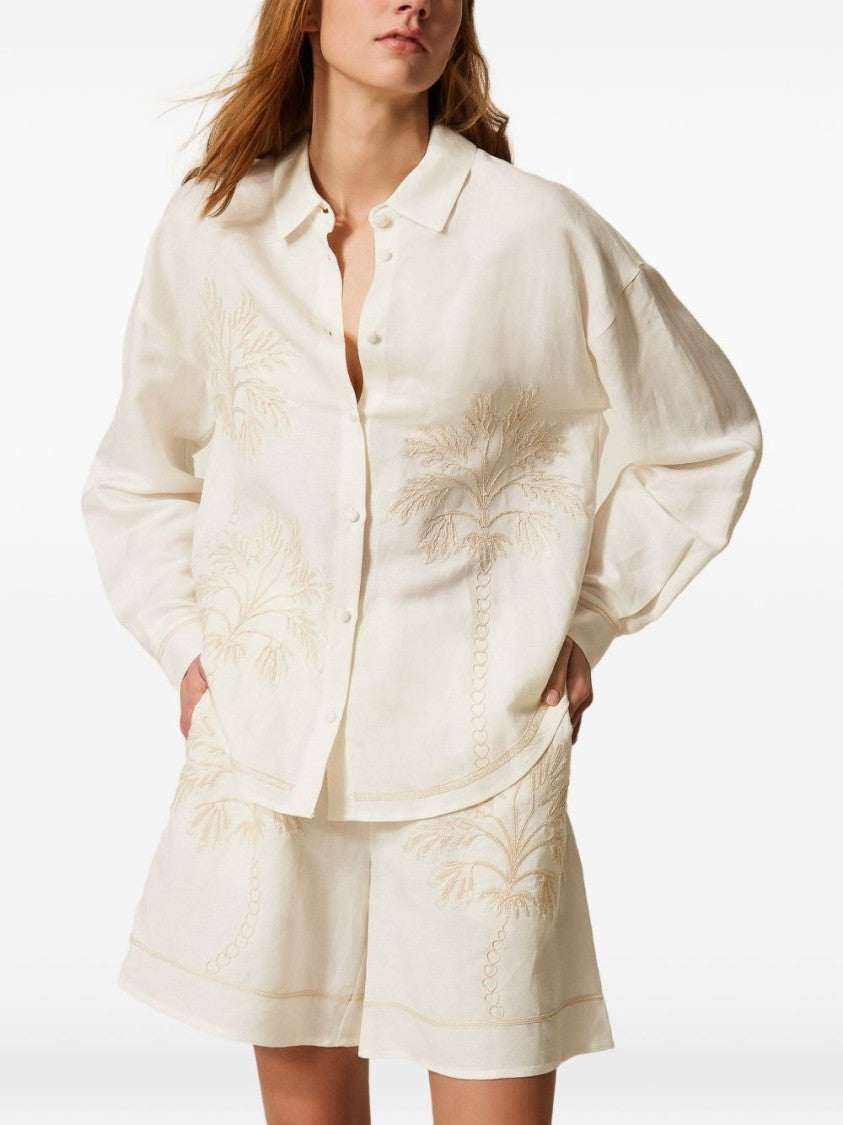 Twinset U&B Cream Long-Sleeve Shirt With Button Fastening And Embroidered Motifs