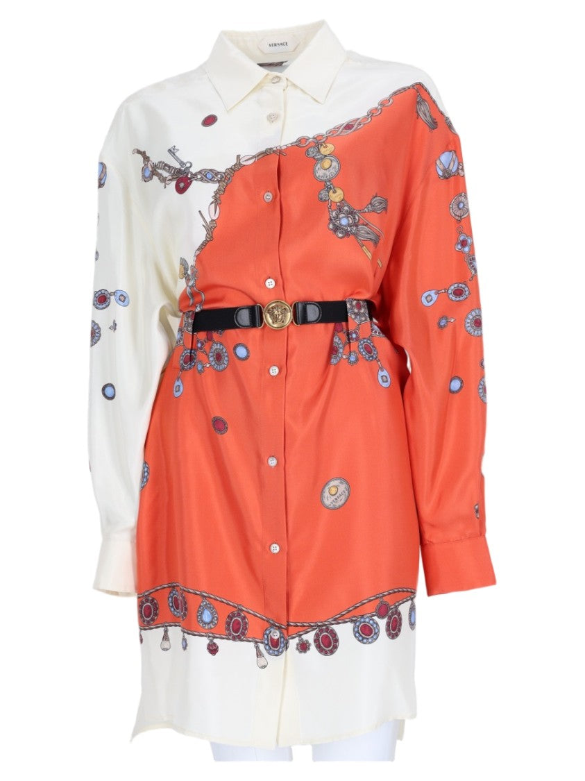 Versace Orange Silk Leather Trim Two-Tone Mini Dress