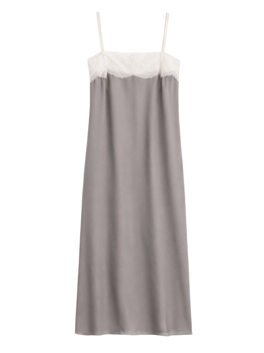 Carven Grey Lace Accent Silk Midi Dress