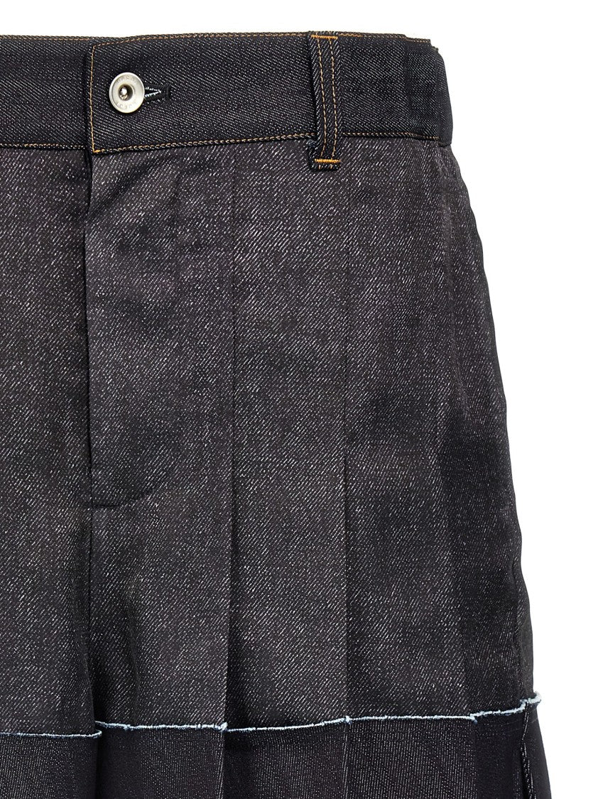 Sacai Flounced Denim Print Synthetic Shorts With Cotton Details