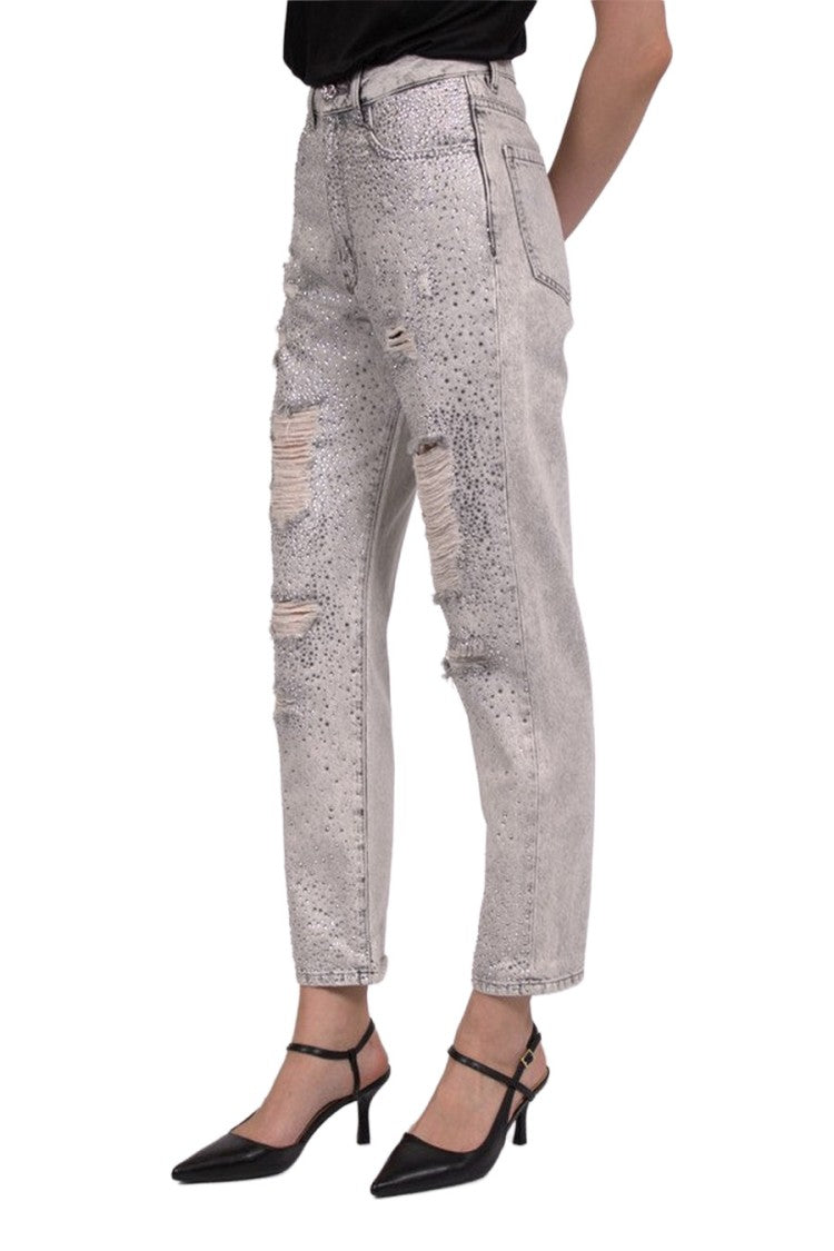 Philipp Plein Grey Crystal Embellished Distressed Cotton Jeans