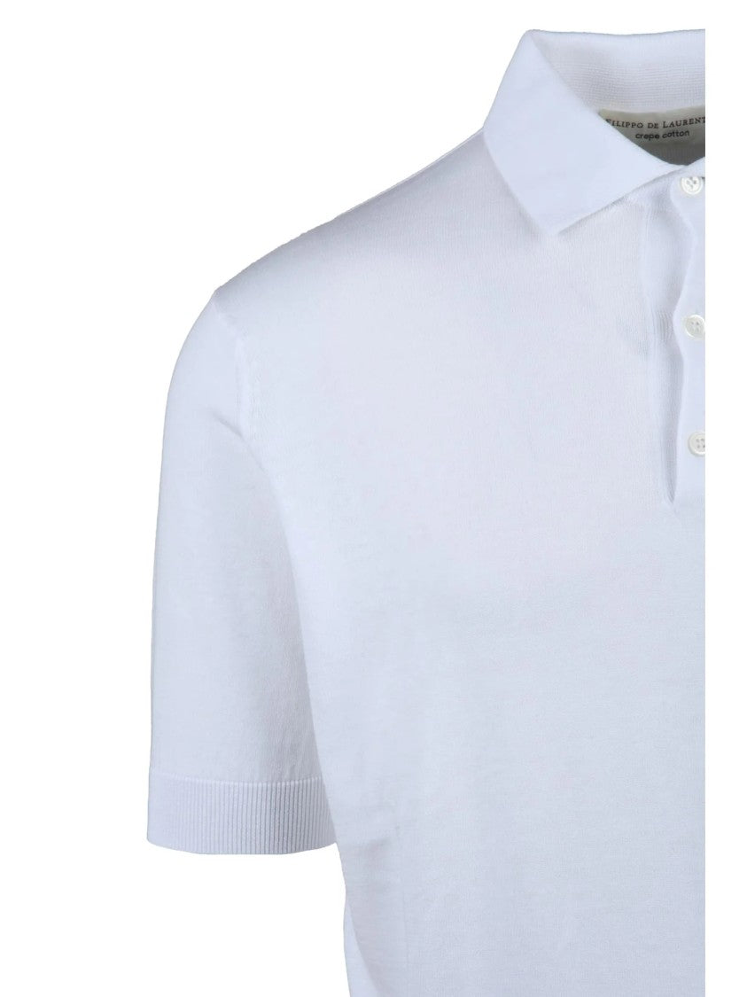 Filippo De Laurentiis White Ribbed Trim Cotton Knit Polo Shirt