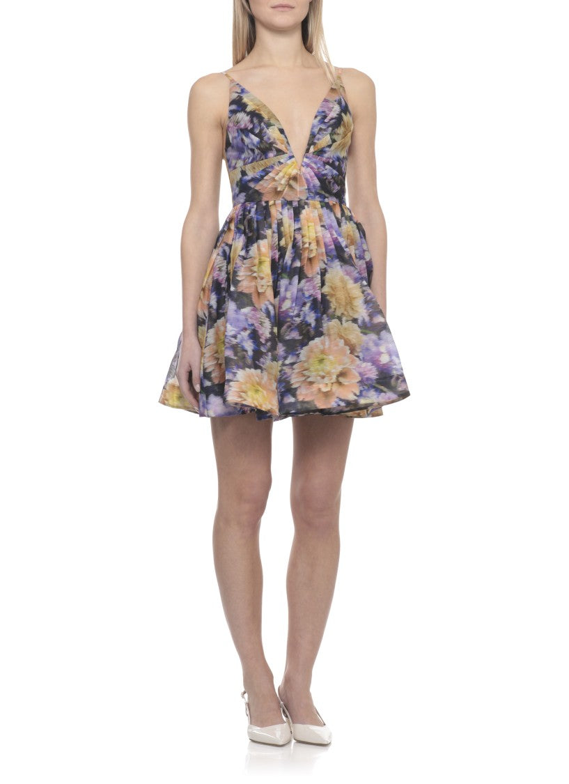 Zimmermann Pleated Mini Dress With V Neckline And Floral Pattern