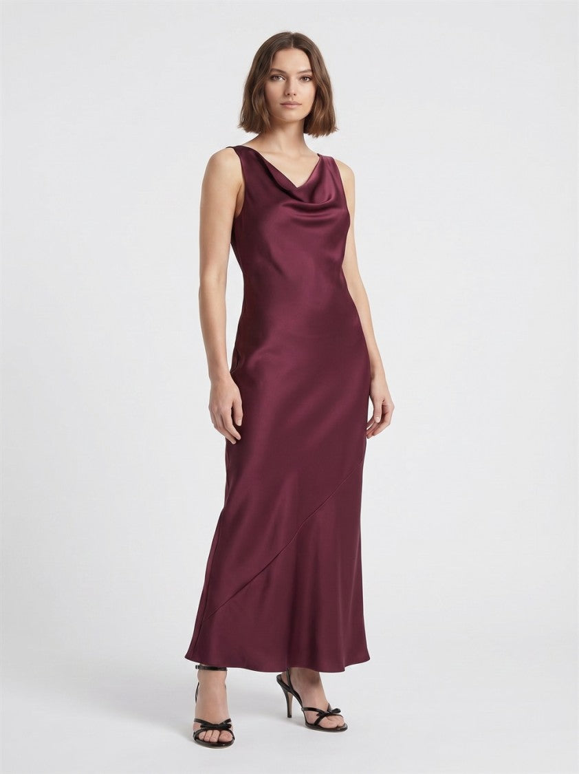 Norma Kamali Plum Sleeveless Low Back Draped Cowl-Neck Polyester Maxi Dress