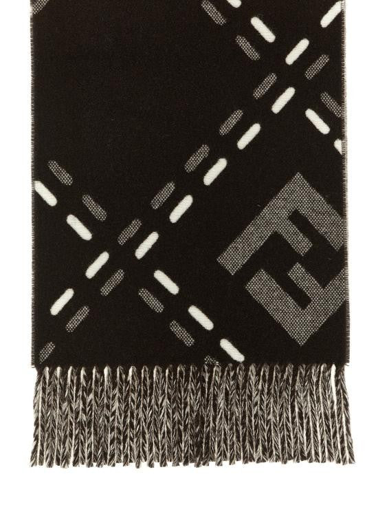 Fendi Black Wool Scarf With Stitched Pattern And Fringed Edges