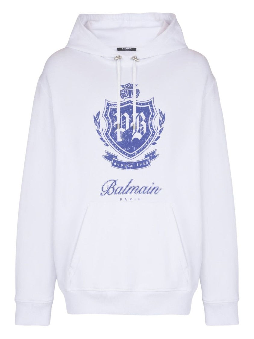 Balmain White Cotton Emblem Print Sweatshirt
