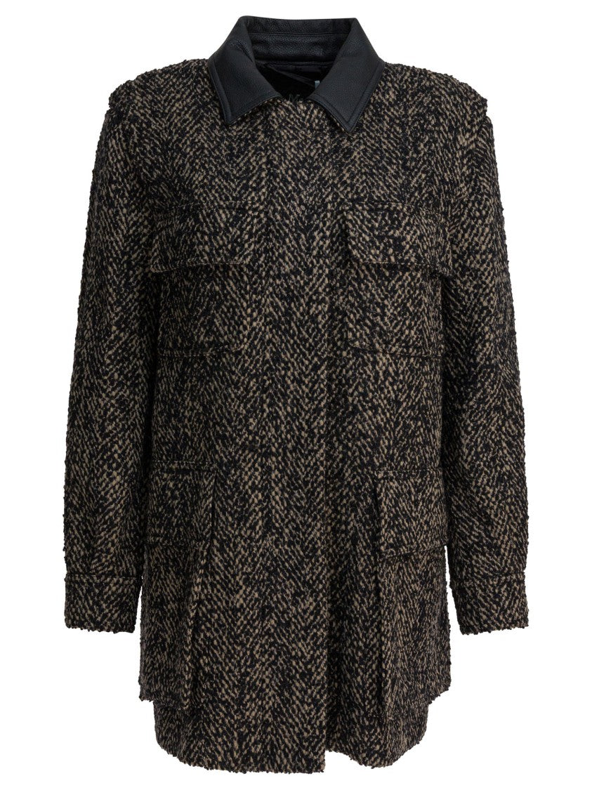 Max Mara Textured Herringbone Wool Coat With Leather Collar