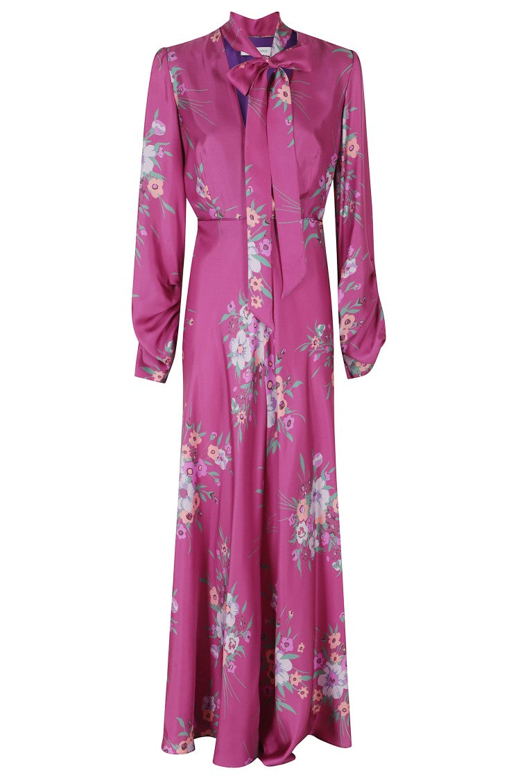 Raquel Diniz Fuchsia Flower New Valerie V-Neck Belted Silk Dress
