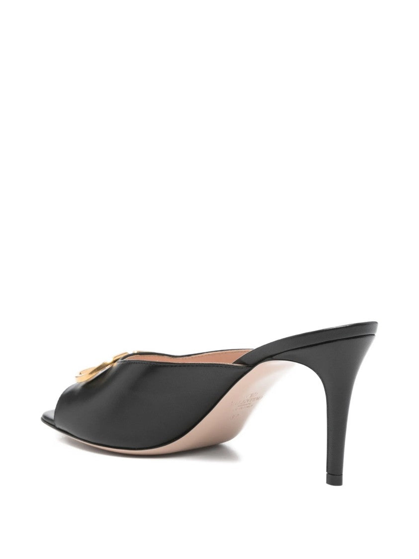 Valentino Black Slide Gold-Tone Logo Emblem Sandals