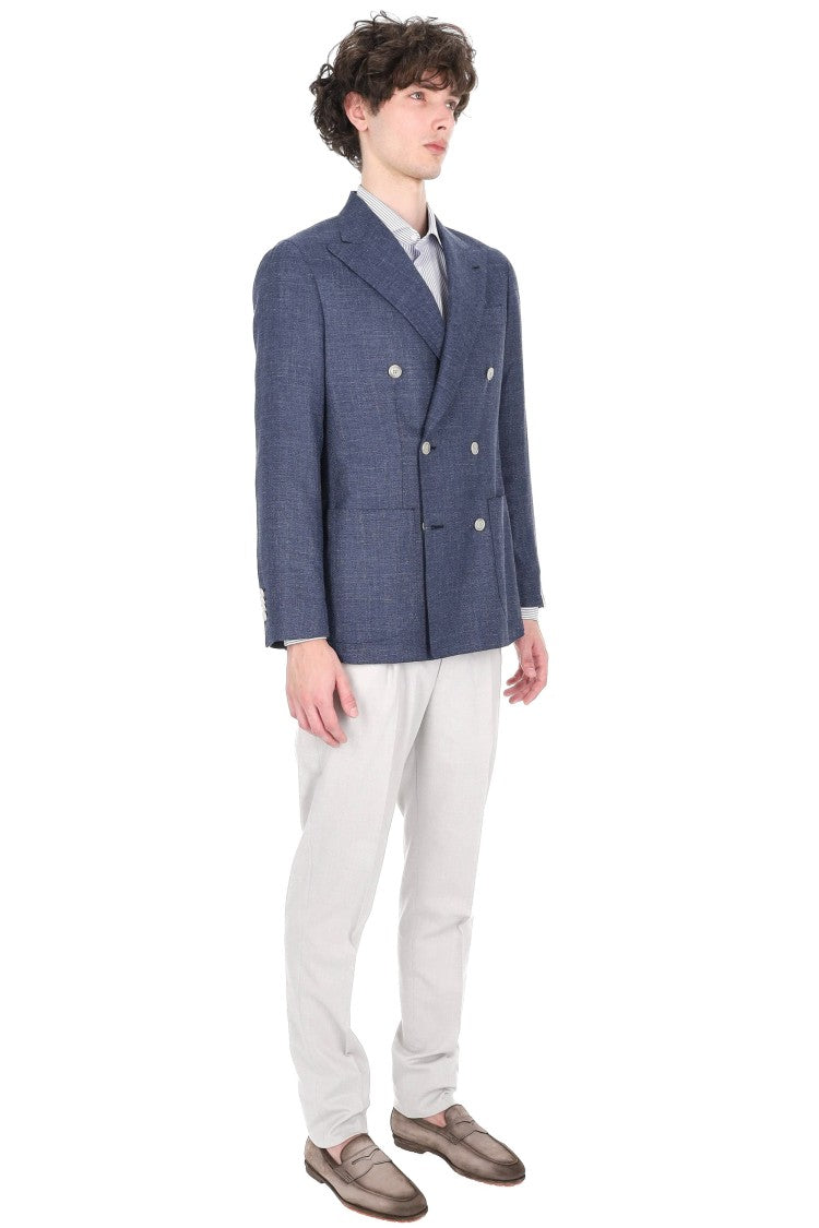 Barba Double-Breasted Textured Weave Jacket In Wool-Silk-Linen Blend