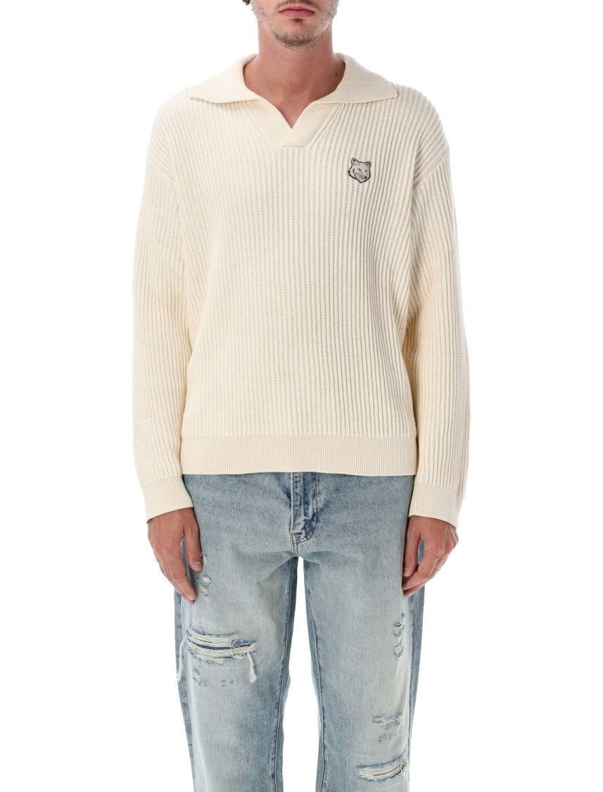 Maison Kitsuné Fox Head Ribbed Cotton Long-Sleeve Polo Shirt