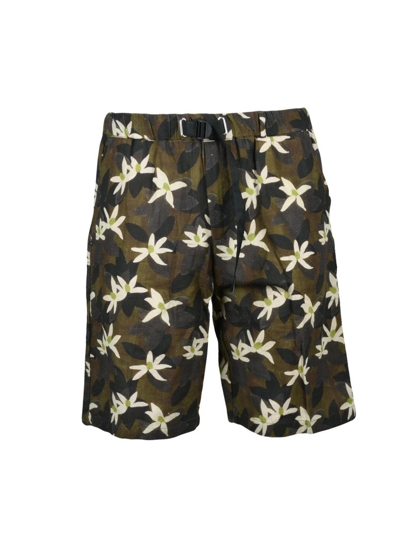 White Sand Khaki Floral Camouflage Print Linen-Blend Bermuda Shorts