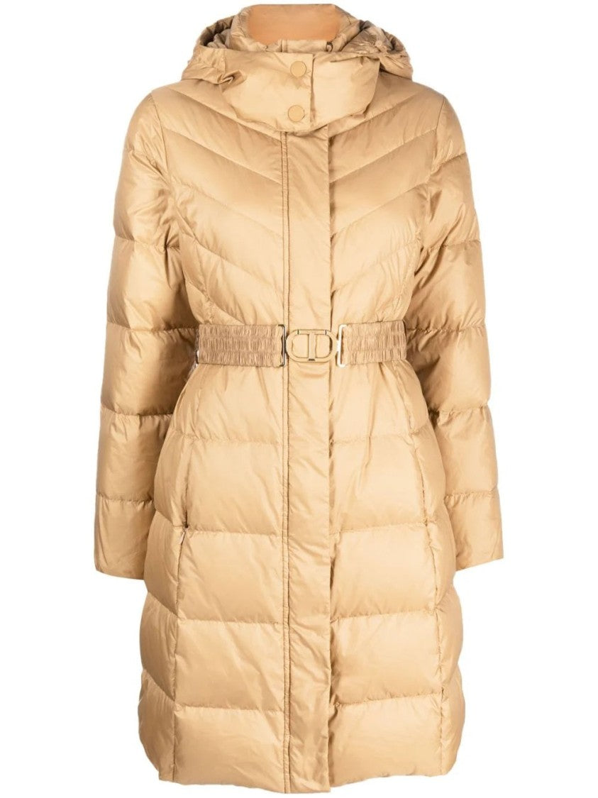 Twin-Set Mid-Length Brown Puffer Coat With Belted Waist