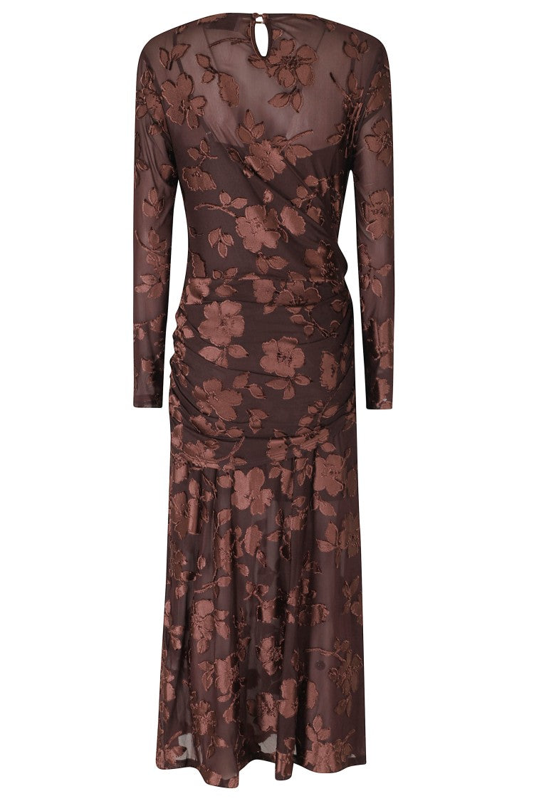 Isabelle Blanche Brown Floral Embroidery Viscose Maxi Dress