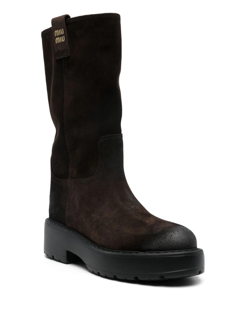 Miu Miu Suede Mid-Calf Rubber Sole Boots