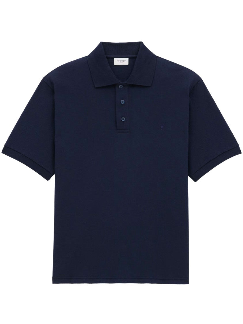 Saint Laurent Short-Sleeve Cassandre Polo With Tonal Embroidery And Asymmetrical Hem
