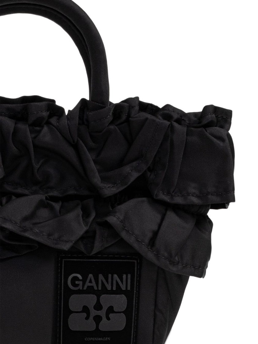 Ganni Structured Black Handbag With Ruffled Detailing