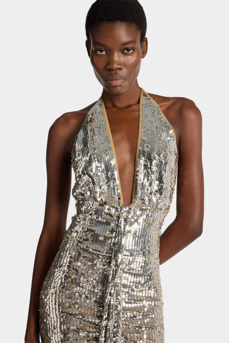 Dsquared2 Silver Wool Sequin Halter Mini Dress