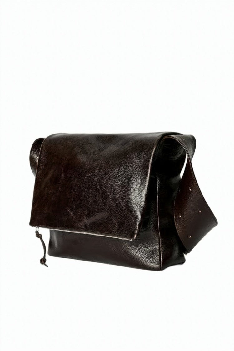 Our Legacy Smooth Brown Leather Shoulder Bag With Textured Strap