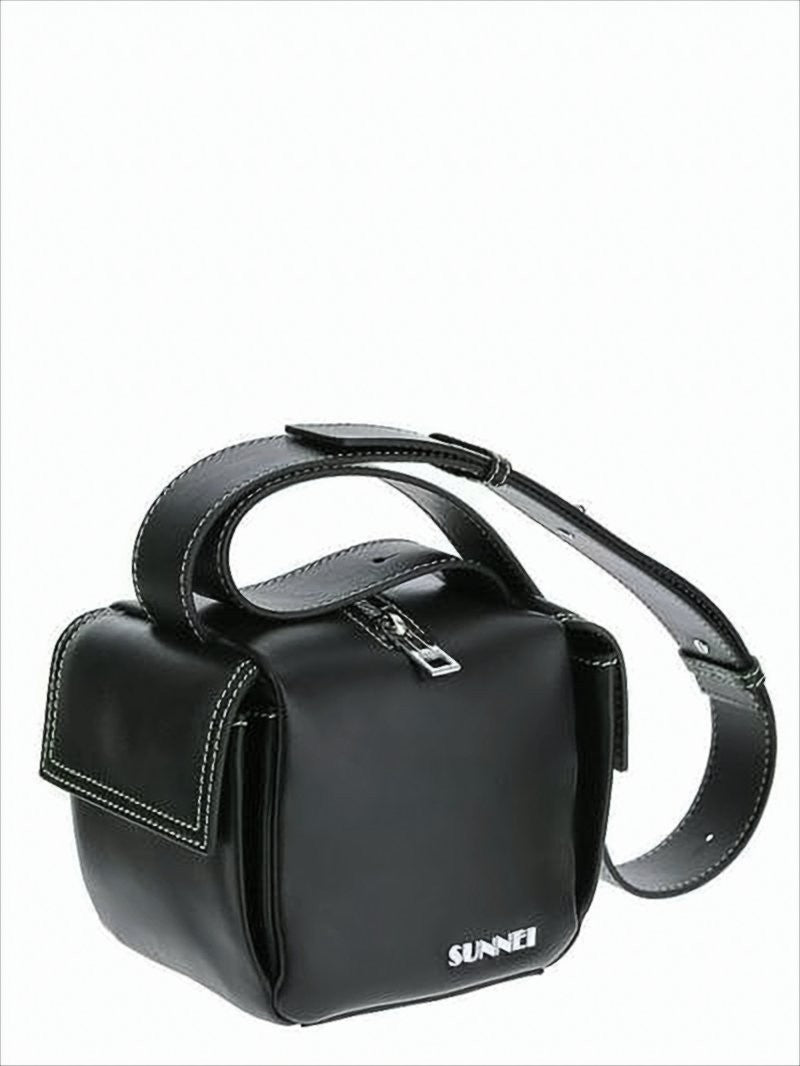Sunnei Structured Black Leather Crossbody Bag