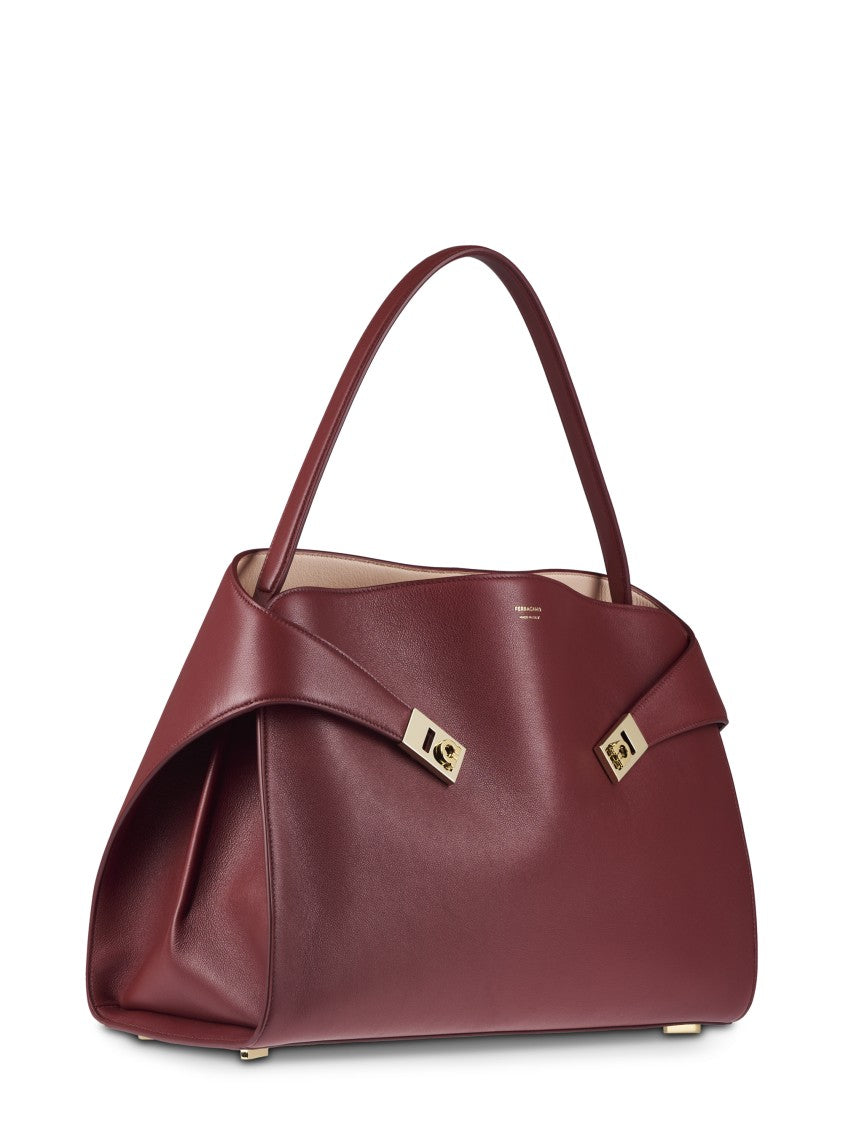 Ferragamo Burgundy Structured Bag With Gold-Tone Hardware