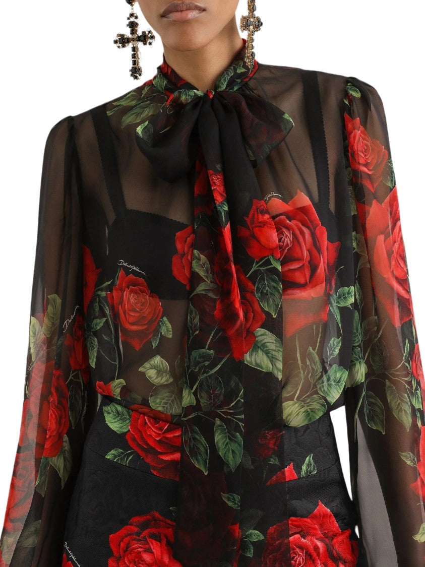 Dolce & Gabbana Multicolour Rose Print Silk Chiffon Blouse